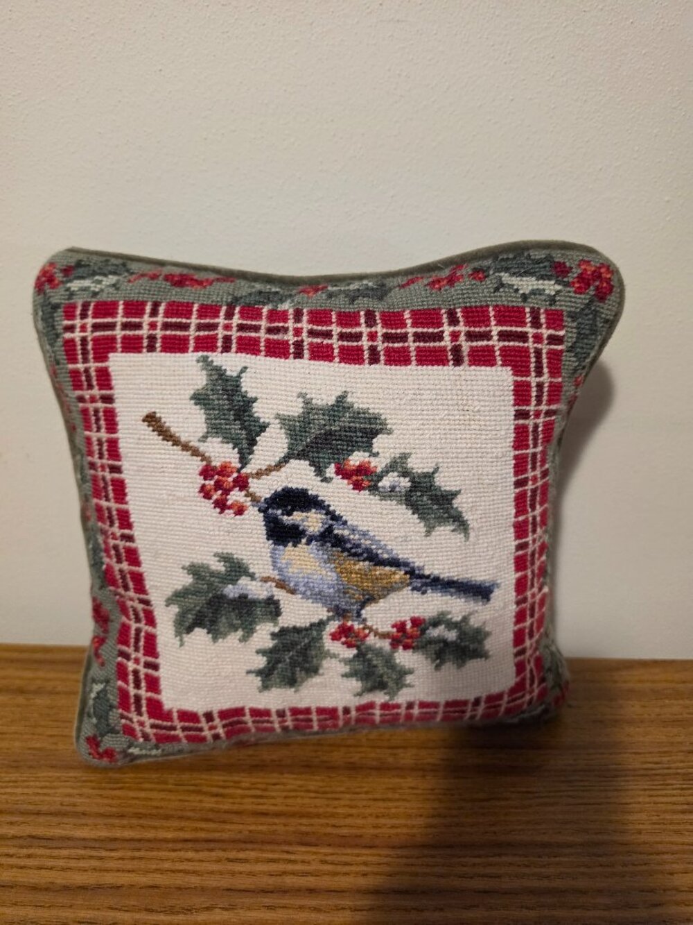 Chickadee Bird Needlepoint Throw Pillow Holly Berries Red Plaid Velvet Zipper
